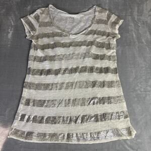 Neiman Marcus Linen Silver Striped Short Sleeve Shirt Women's 2 y2k‎